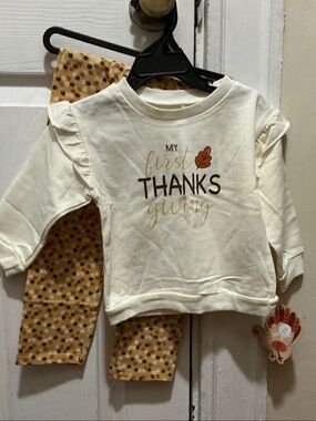 chick pea Cream "My First Thanksgiving" Ruffle Shoulder Sweatshirt Set